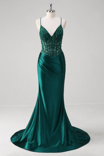 Vestido largo de fiesta con corsé plisado de lentejuelas sirena verde oscuro con cordones en la espalda